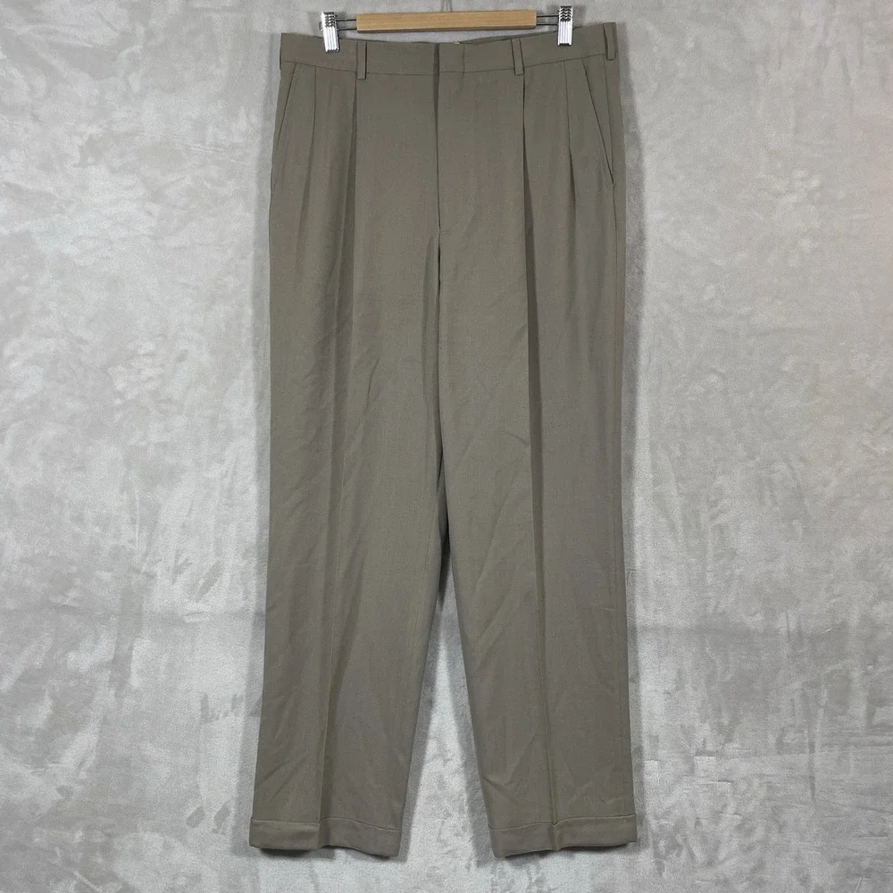 Vtg 90s Lands Ends Double Pleated Slacks Pants Mens 36x32 Cuff Wool Made in USA
